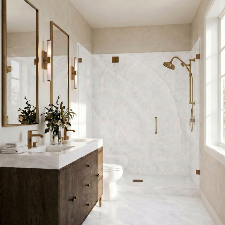 Bright contemporary bathroom featuring a walk-in shower clad in large-format Statuario Leonardo TRÜbath porcelain with matching shower base, integrated vanity, brushed brass fixtures, frameless glass, and coordinated porcelain surfaces throughout.