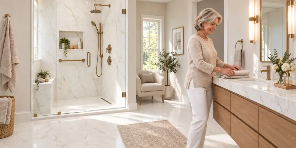 Aging in place walk-in shower with large-format beige porcelain walls, matching shower base, built-in niche and floating vanity.