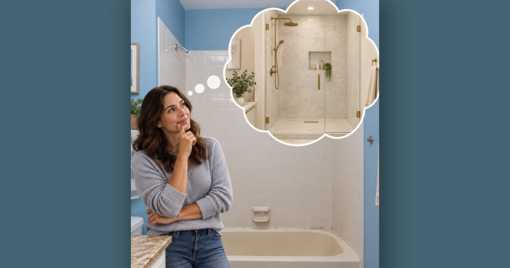 Woman imagining a TRÜbath tub-to-shower conversion featuring Avorio Limestone large-format porcelain, frameless glass, brass fixtures, and a modern walk-in shower.