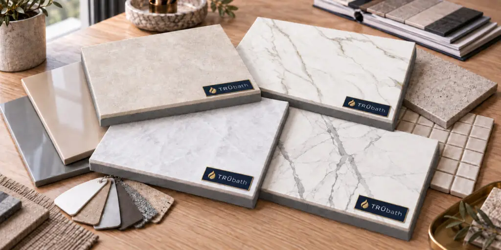 TRÜbath large-format porcelain samples displayed with acrylic, composite and small-format tile bathroom materials demonstrating the superior bathroom surface.